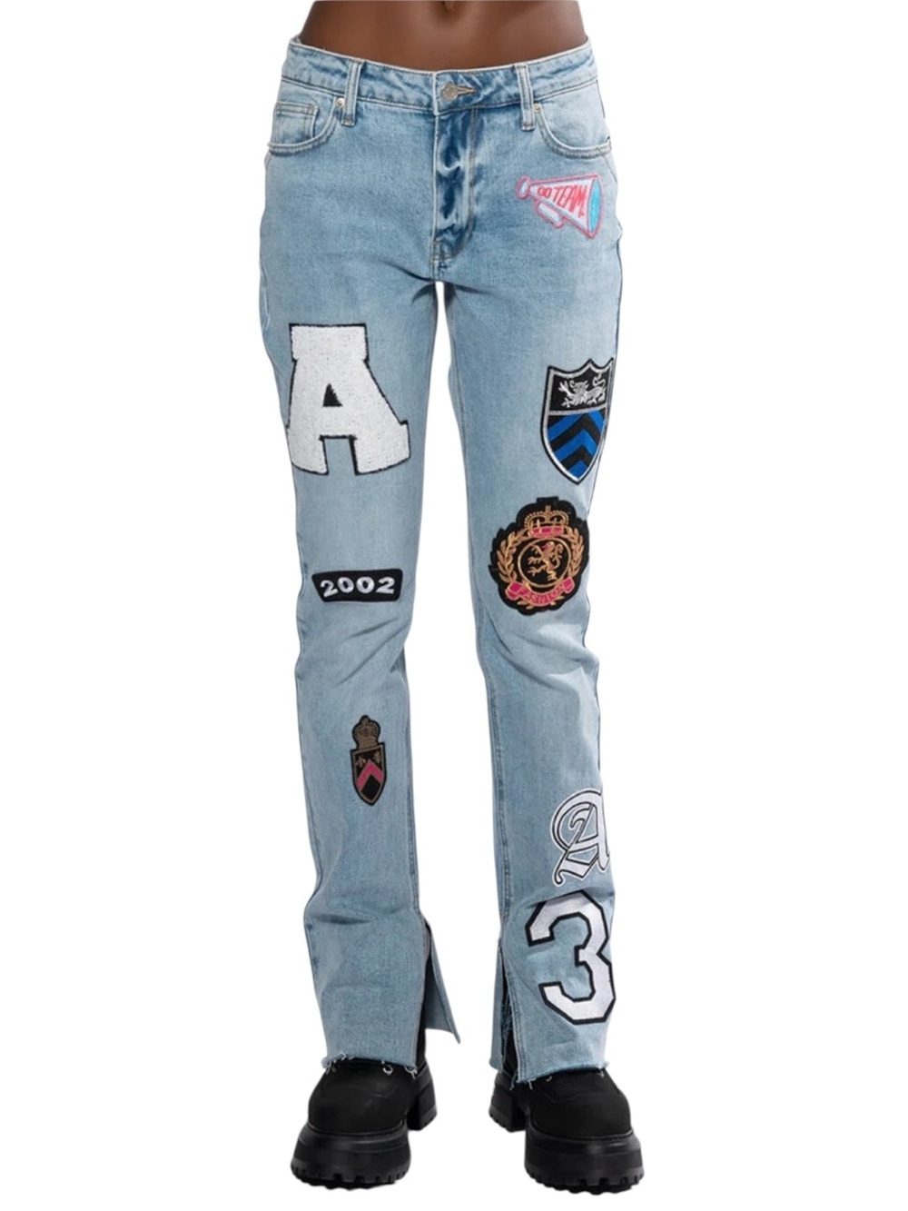 AKIRA Collegiate “Out of Your League” High-Rise Patchwork Straight Leg Jeans NWT